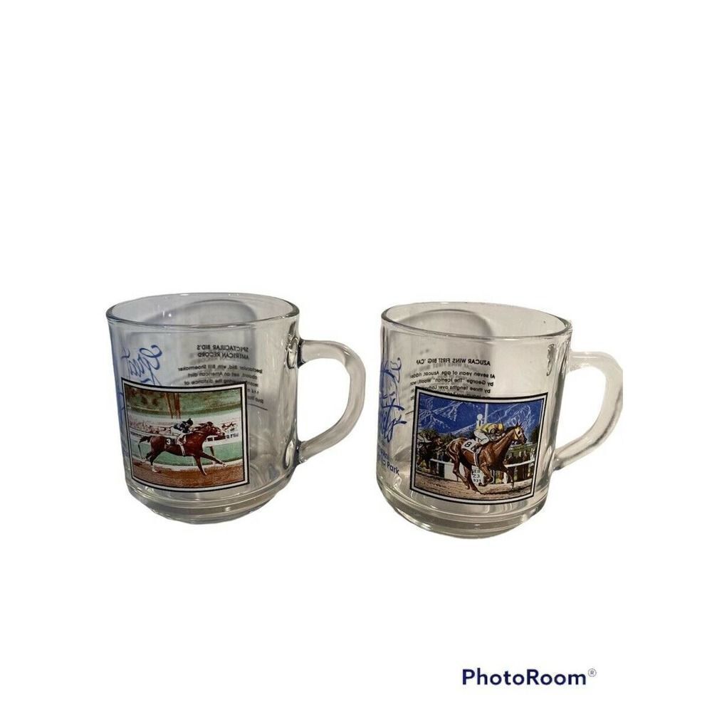 Great Moments at Santa Anita Race Coffee Cups set of 2 Clear with Decal